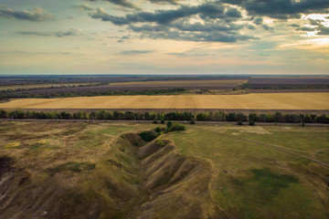 Nature landscape aerial view. Rural countryside with hills and meadows panorama