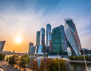 Fototapeta na wymiar Panoramic view of Moscow city and Moskva River at sunset. New modern futuristic skyscrapers of Moscow-City