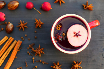 Christmas mulled wine with spices and apple