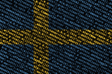 Sweden flag  is depicted on the screen with the program code. The concept of modern technology and...