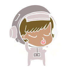 flat color style cartoon pretty astronaut girl taking off space helmet