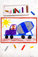 Colorful Hand Drawing: Concrete Mixer Delivery Truck