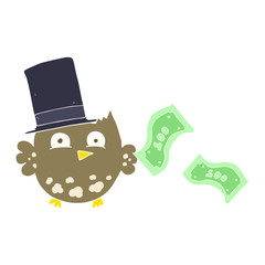 flat color illustration of a cartoon wealthy little owl with top hat