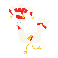 flat color illustration of a cartoon chicken running in funny hat