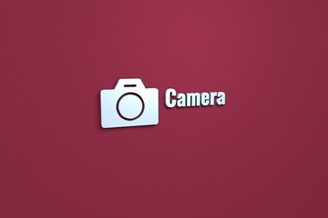 3D illustration of Camera, light blue color and light blue text with red background.