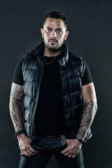 Tattoo brutal attribute. Man confident unshaven brutal appearance tattooed arms. Tattoos great way...