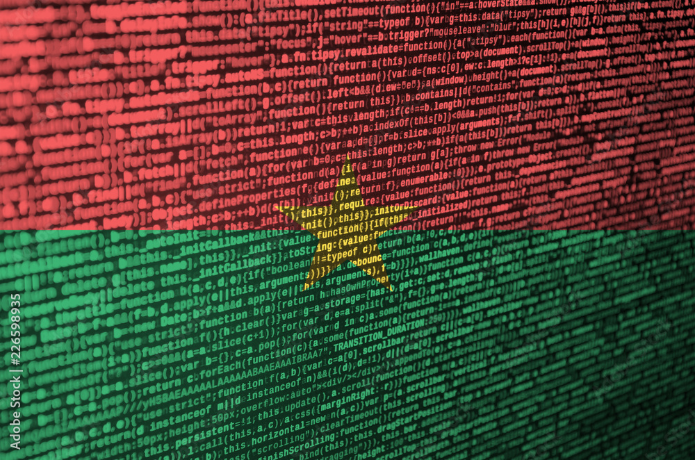 Wall mural burkina faso flag is depicted on the screen with the program code. the concept of modern technology 