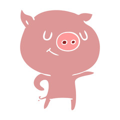 happy flat color style cartoon pig