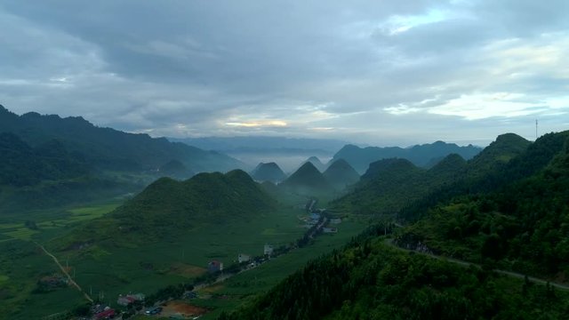 Aerial view 4k video by drone. Tam Son town, Quan Ba District, Ha Giang Province, Vietnam. 