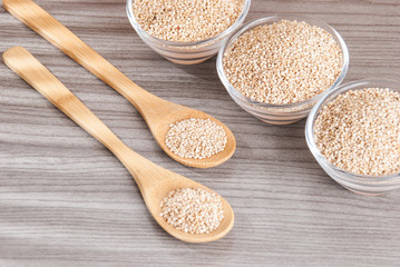 Grains of quinua on wood - Chenopodium quinoa