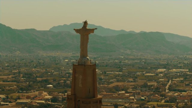 Aerial view of statue of Chist and Castillo de Monteagudo in Murcia, Spain