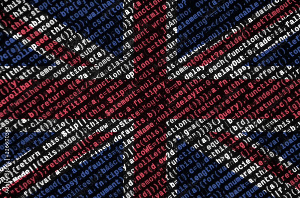 Wall mural great britain flag is depicted on the screen with the program code. the concept of modern technology