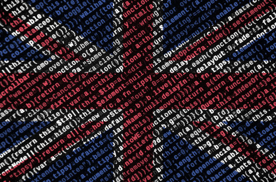 Great britain flag  is depicted on the screen with the program code. The concept of modern technology and site development