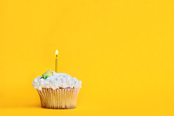 Pretty lemon flavored cupcake with buttercream frosting and decorated with white chocolate shavings and one candle burning. Free space for copy text over a fun yellow background.