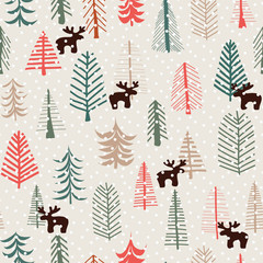 Christmas holiday seamless pattern with hand drawn reindeers, trees, and snowflakes. Vector illustration. Scandinavian style background. Fabric, paper, card, web banner, invitations, wrapping, decor