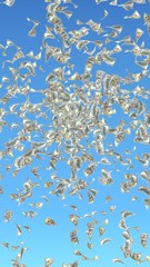 Flying dollars banknotes against the sky background. Money is flying in the air. 100 US banknotes new sample. 3D illustration