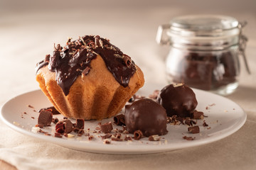 Fresh chocolate chip muffin close up.