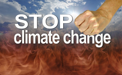 Listen to the Experts and Stop Climate Change - fist coming down on the word CHANGE against a blue sun and sky background deteriorating into dark flames as earth burns
