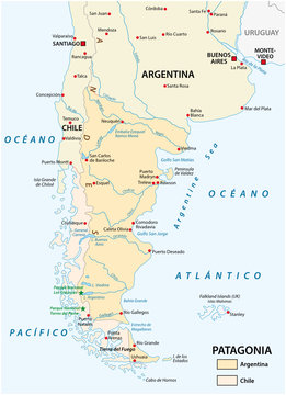 Vector map of Patagonia, the southern part of south America, Chile and Argentina