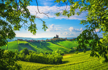 Langhe vineyards sunset panorama, Serralunga Alba, Piedmont, Italy Europe.
