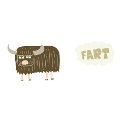 flat color illustration of a cartoon hairy cow farting