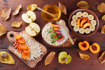 Oatmeal with different fruits and honey. Oat flakes with milk and dried apricots on wooden background. Healthy food for vegan. Dry oats with berries of mountain ash and green mint. Autumn pattern