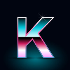 Retro letter K uppercase. 80s vector font isolated on black background