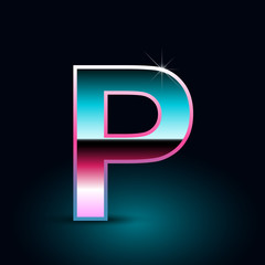 Retro letter P uppercase. 80s vector font isolated on black background