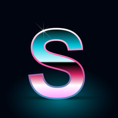 Retro letter S uppercase. 80s vector font isolated on black background