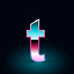 Retro letter T lowercase. 80s vector font isolated on black background