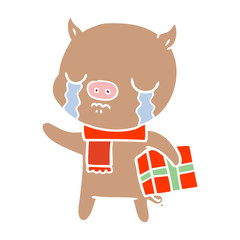 flat color style cartoon pig crying over christmas present