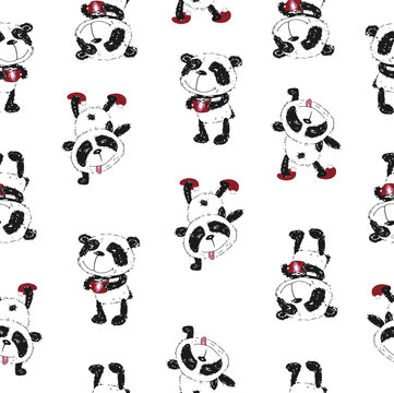 Vector seamless pattern with cartoon funny pandas, isolated on white background.