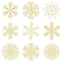 Snowflakes icons gold set collection isolated on white background.