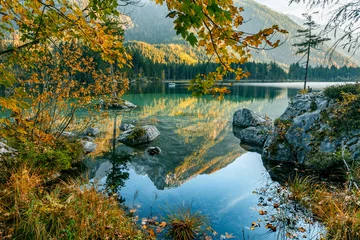 Poster Wonderful Autumn Landscape. Summer mountain Scenery. Sunny Day on Hintersee Lake. Majestic Mountains, reflected in Water. Beauty in the nature. Nationalpark Berchtesgadener Land, Bavaria, Germany © jenyateua