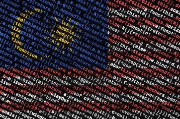 Malaysia flag  is depicted on the screen with the program code. The concept of modern technology and site development