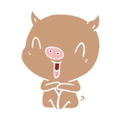 happy flat color style cartoon sitting pig