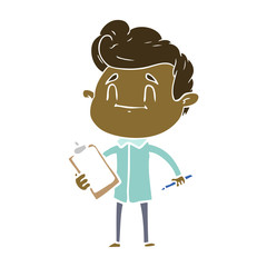happy flat color style cartoon man with pen and clipboard