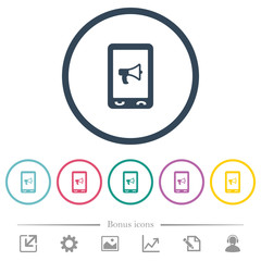 Mobile reading aloud flat color icons in round outlines