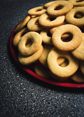 baked biscuits on a red tray