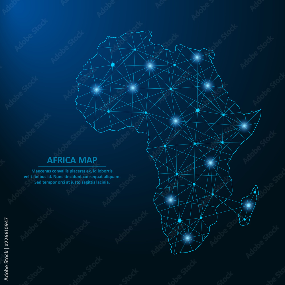 Aufkleber Abstract Africa map created from lines and bright points in the form of starry sky, polygonal wireframe mesh and connected lines. Low poly Africa continent. Vector illustration.