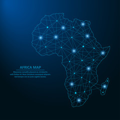 Abstract Africa map created from lines and bright points in the form of starry sky, polygonal wireframe mesh and connected lines. Low poly Africa continent. Vector illustration. © Roman