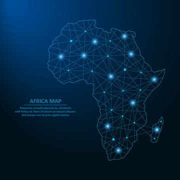 Abstract Africa map created from lines and bright points in the form of starry sky, polygonal wireframe mesh and connected lines. Low poly Africa continent. Vector illustration.