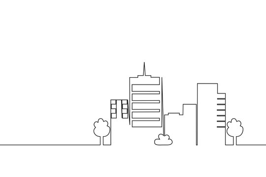 Continuous Line Drawing City Building. One Line Single Cityscape. Vecotr Illustration.