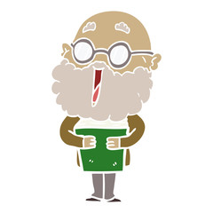 flat color style cartoon joyful man with beard and book