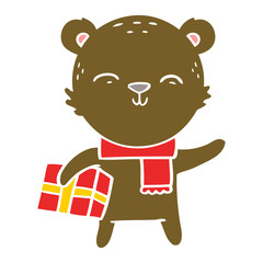 happy flat color style cartoon bear with present