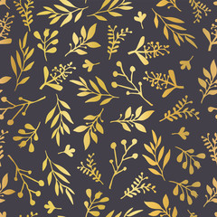 Gold foil florals on black seamless vector background. Golden abstract wildflower grass shapes background. Elegant holiday pattern for scrap booking, banner, packaging, wedding, party, invite, blog