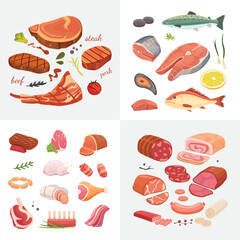 Different kind of meat food icons set vector. Raw ham, set grill chiken, piece of pork, meatloaf, whole leg, beef and sausages. Salmon fish and seafood.