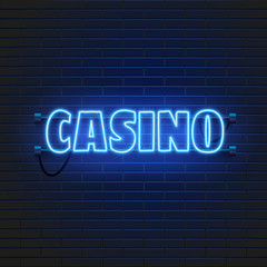 Obraz premium Neon lamp casino banner on wall background. Las Vegas consept. Vector illustration.