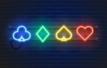 Neon lamp casino banner on wall background. Poker or blackjack card games sign. Las Vegas concept. Vector illustration.