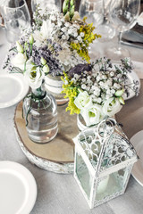 rustic romantic pastel flower arrangement decoration on wedding table